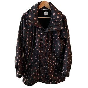 CAbi SZ M Black Floral Print Hooded Rainy Day Rain Jacket Coat Boho Feminine